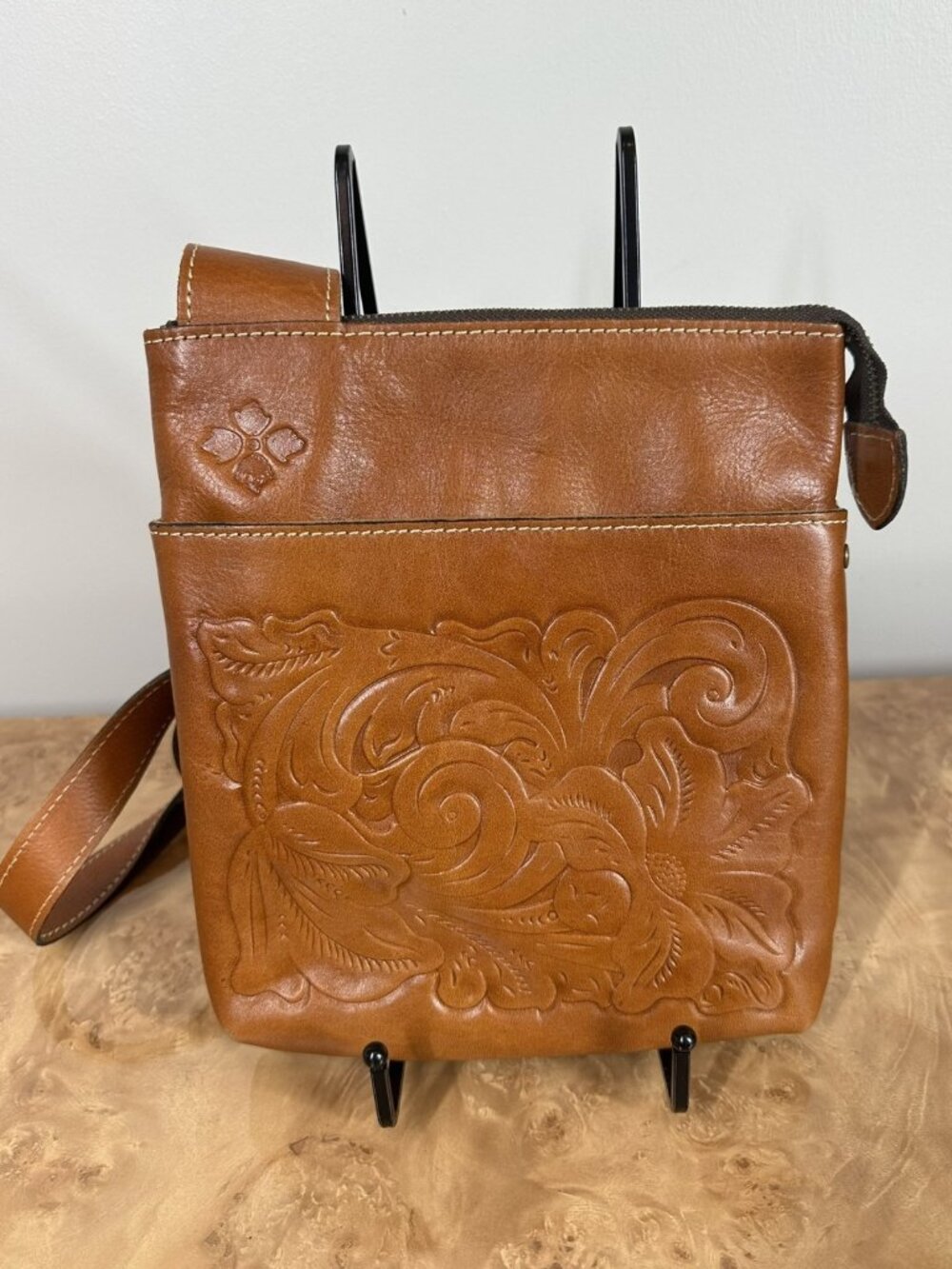 Patricia Nash Cognac Brown Floral Tooled Leather Crossbody Bag Western Boho
